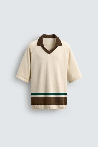CONTRAST STRIPED KNIT POLO SHIRT - Ecru by Zara