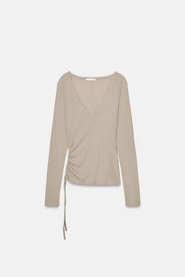 V-NECK T-SHIRT WITH TIES - Brown / Taupe by Zara