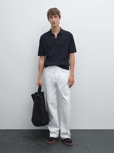 Zara 100% cotton cable-knit polo sweater - Navy blue - Image 0