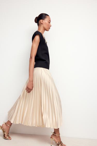 PLEATED SATIN MIDI SKIRT - Stone by Zara