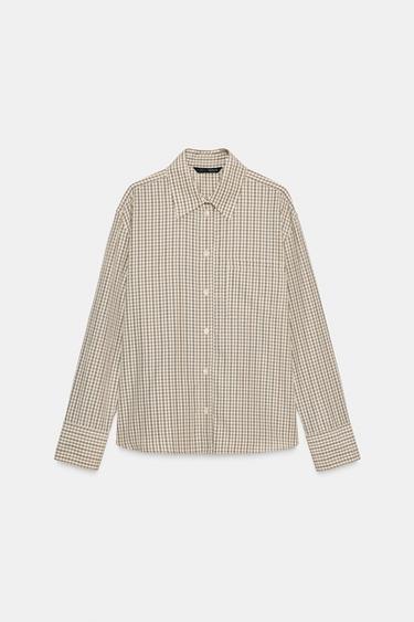 REGULAR FIT CHECK SHIRT - Ecru / Brown by Zara