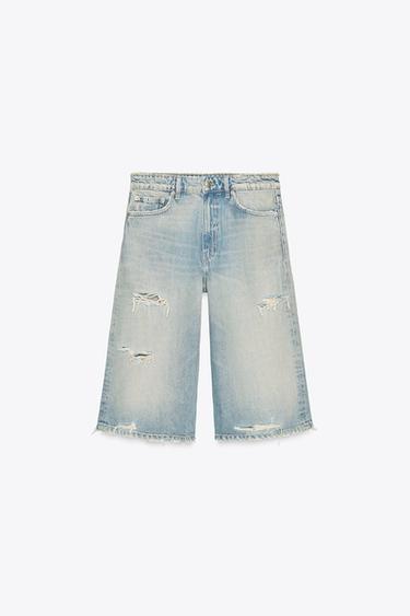 Zara RIPPED TRF BAGGY DENIM JORTS - Blue - Image 0
