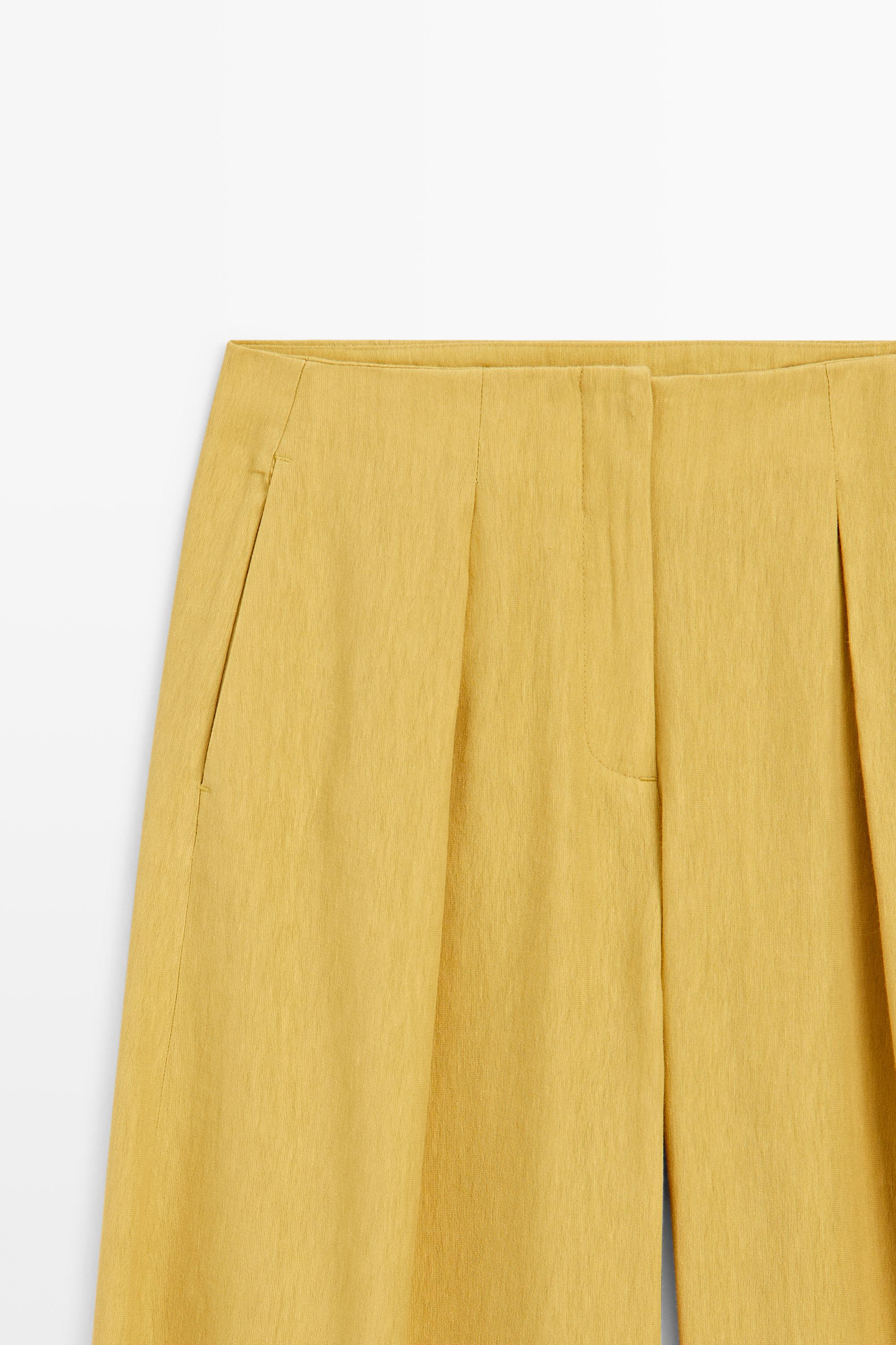 Wide-leg flowing linen blend pleated pants — Mustard