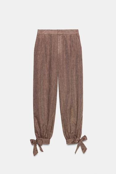 PANTALON BOUFFANT À LACETS AVEC LIN - Marron / Écru de Zara - Image 7