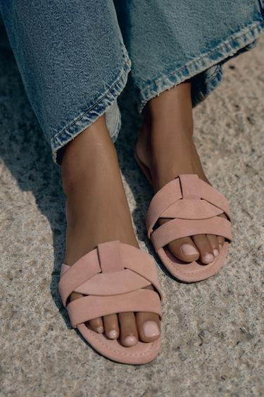 FLAT LEATHER CROSS-STRAP SANDALS - Pink by Zara - Image 0