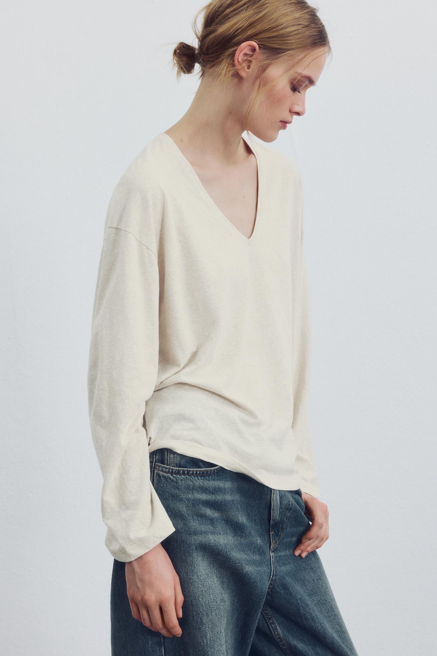 Женская футболка Zara V-NECK, цвет: Серо-бежевый — фото 4