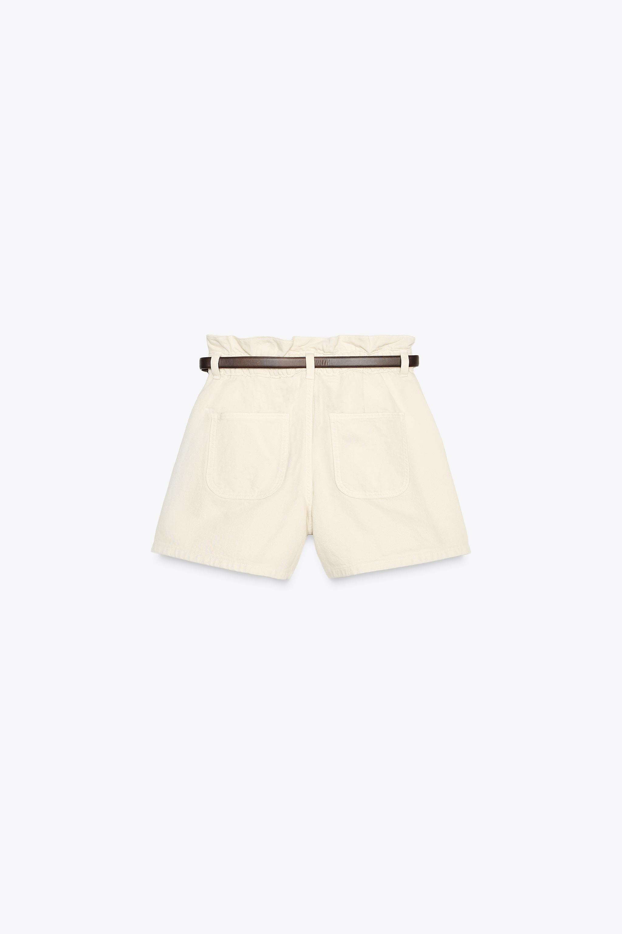 ZARA SHORTS Z1975 ハイウエスト パッチポケット付き 6147/105 Z1975 DENIM PAPERBAG BELTED SHORTS - Mid-blue | ZARA United