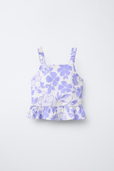 GEMUSTERTES OBERTEIL MIT LEINEN - Cremefarben / Blau von Zara