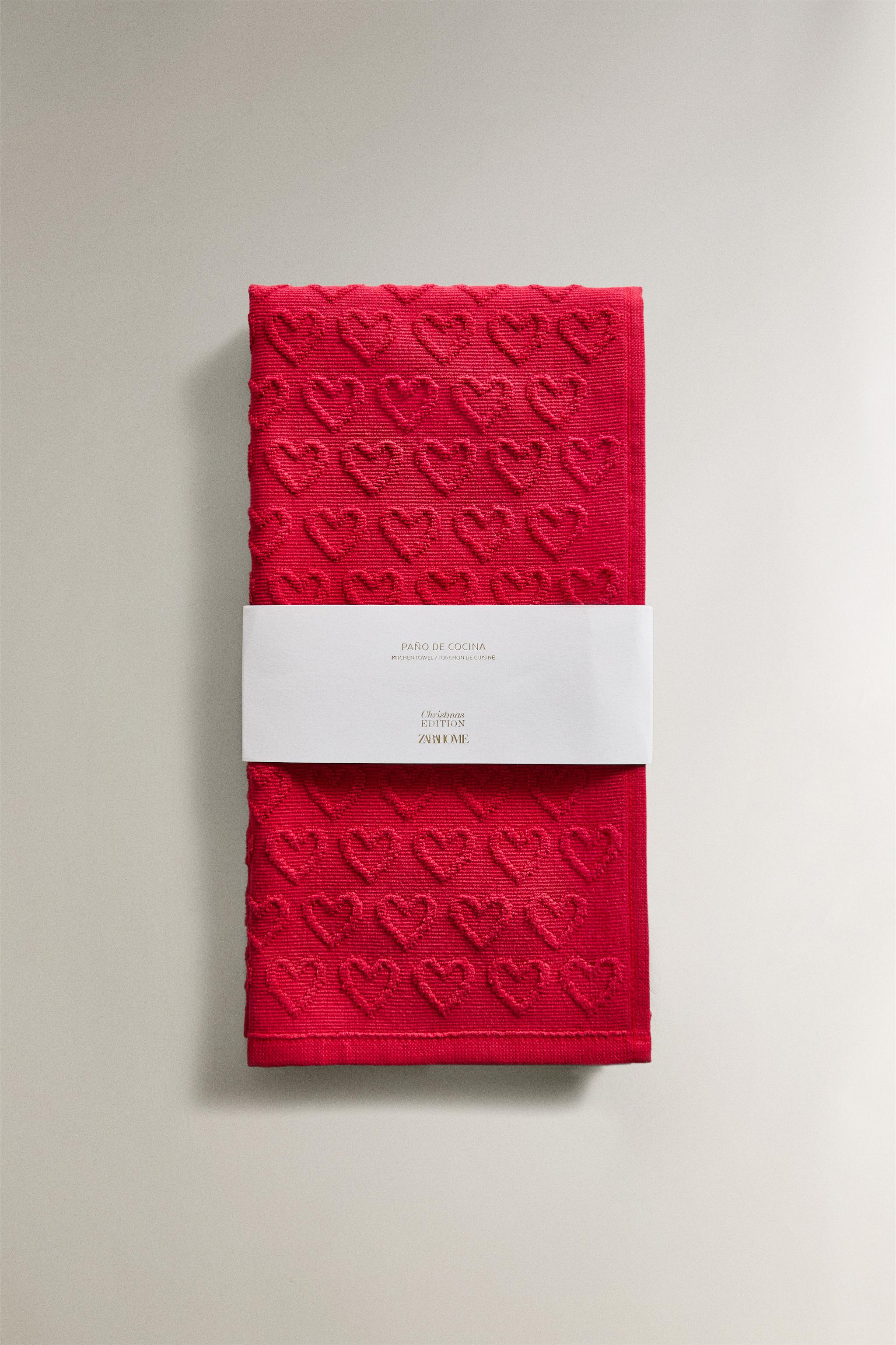 TORCHON DE CUISINE COTON ÉPONGE CŒURS NOËL