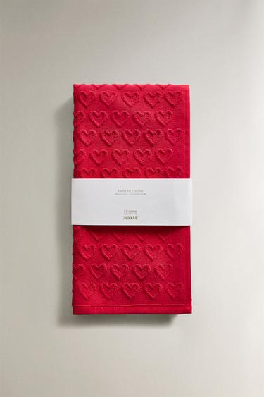 TORCHON DE CUISINE COTON ÉPONGE CŒURS NOËL - Rouge de Zara - Image 3
