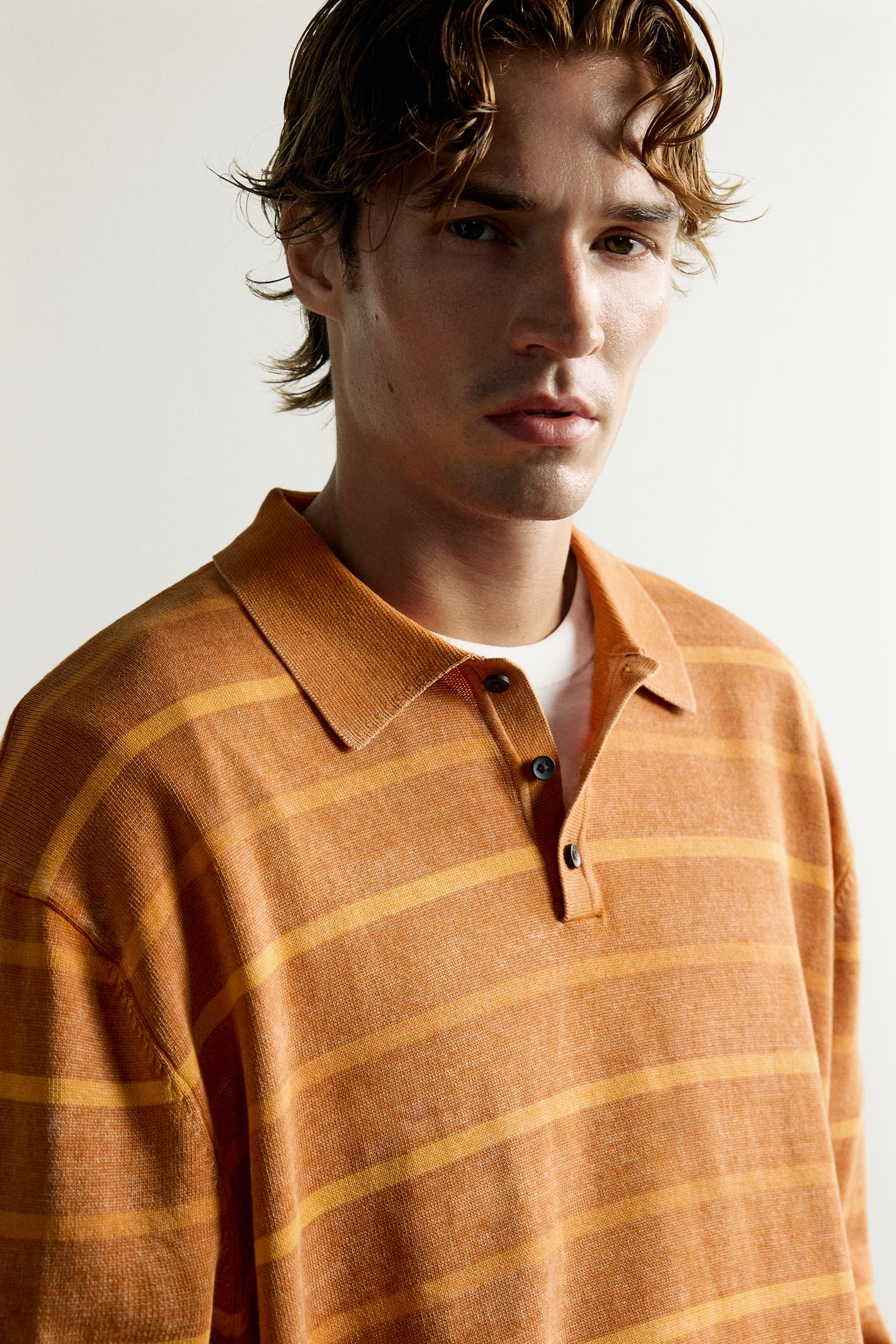 Мужское поло Zara Washed Striped Knit Polo, цвет: Оранжевый — фото 7