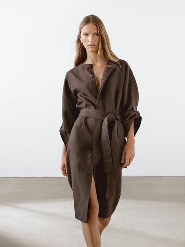 Vestido camisero 100% lino - Chocolate de Zara