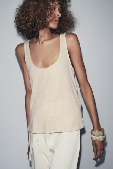 LINEN AND COTTON BLEND STRAPPY TOP - Sand by Zara - Image 1