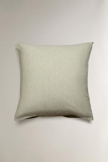TAIE D’OREILLER LIN ET COTON RAYURES - Vert de Zara - Image 1