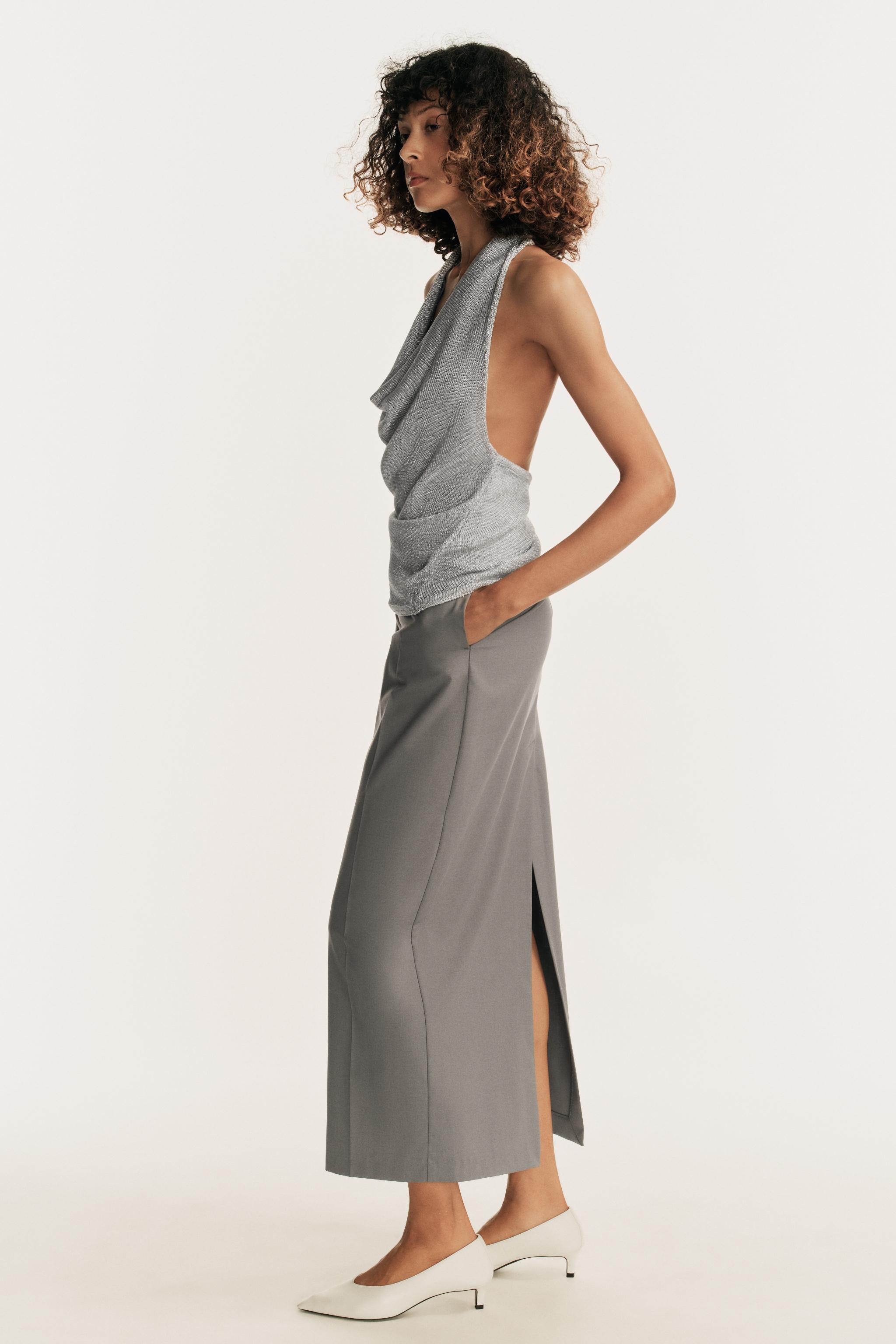 METALLIC KNIT HALTER TOP — Silver