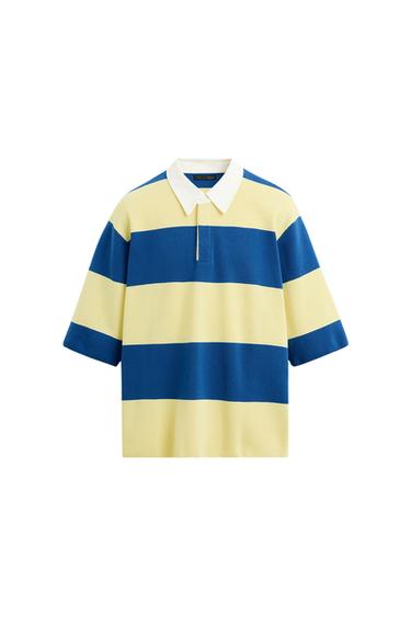 Front view of a blue and yellow striped polo shirt with a white collar.