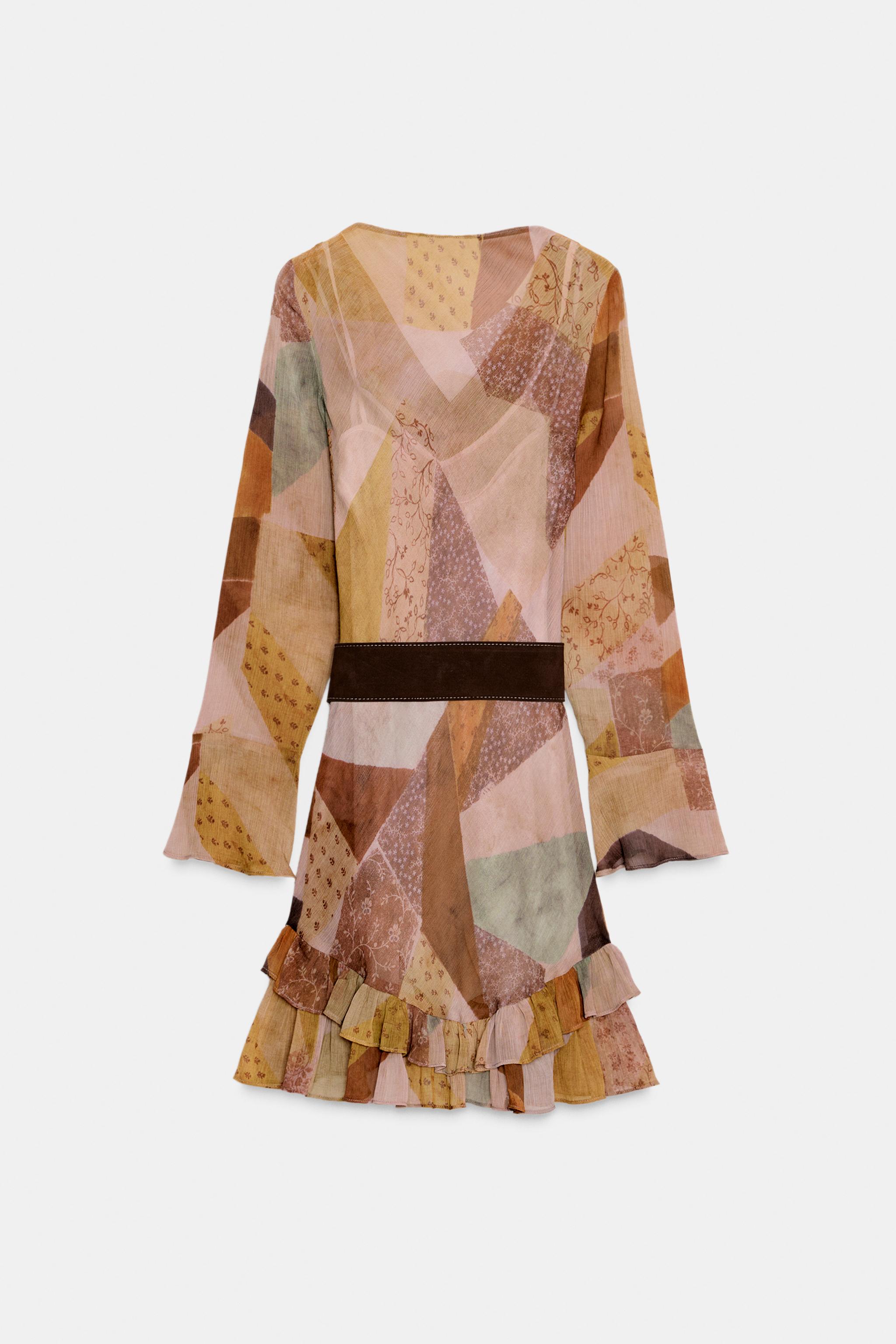 PATCHWORK PRINT BELTED MINI DRESS
