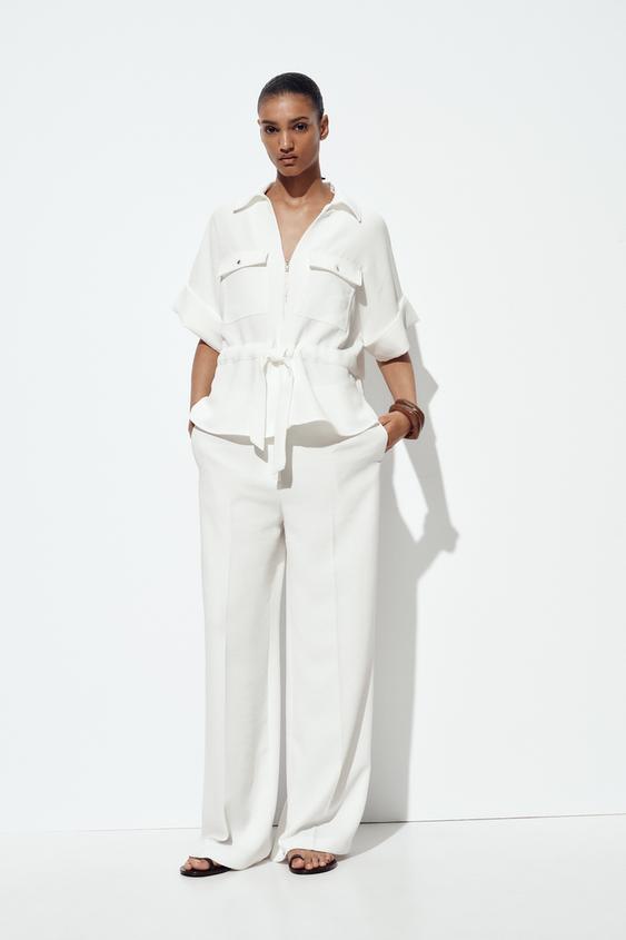 PANTALON LARGE TAILLE ÉLASTIQUE - Blanc cassé de Zara - Image 0