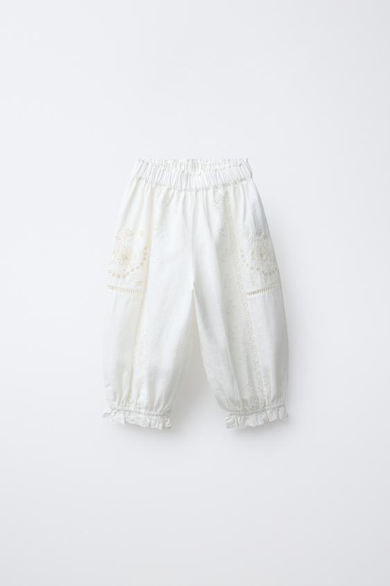 EMBROIDERED JOGGERS WITH COTTON BLEND AND LINEN - Oyster-white by Zara - Image 0