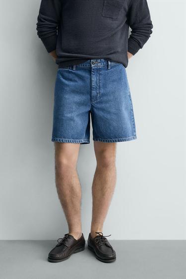 Zara 斜紋棉布牛仔短褲 - 中藍色