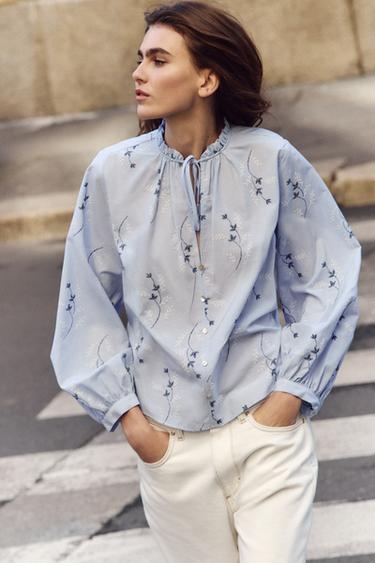 RUBBERISED EMBROIDERED PRINTED BLOUSE - Blue/White by Zara