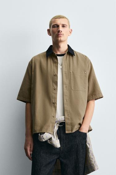 Zara RELAXED FIT CONTRAST COLLAR SHIRT - Beige
