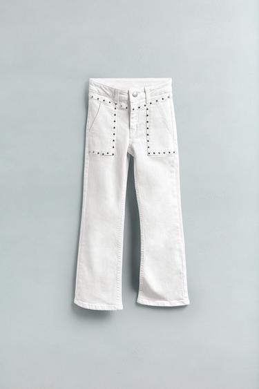 Zara STUDDED FLARE JEANS - White