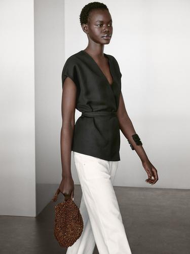 Zara Linen blend crossover kimono with tie detail - Black