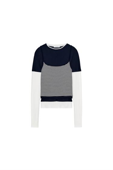 Zara TRIPLE STRIPE EFFECT T-SHIRT - Navy blue