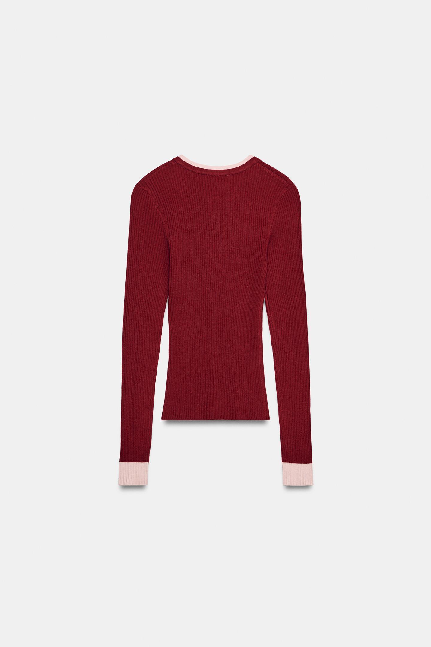 Женский топ Zara Contrast Layered Henley Top, цвет: Тёмно-бордовый — фото 7