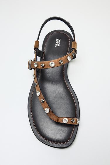 STUDDED LEATHER SANDALS - Brown by Zara