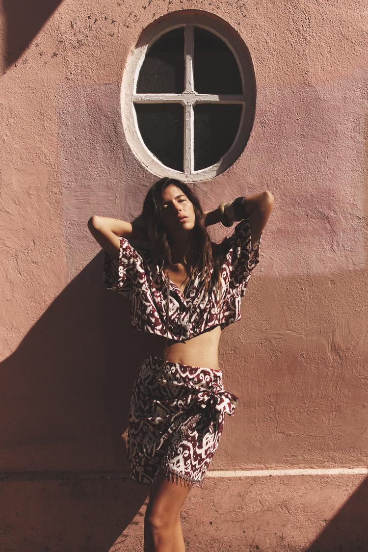 FALDA ESTAMPADA FLECOS ABALORIOS Terracota ZARA Chile