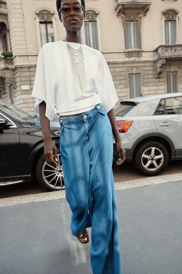 Zara Z1975 MID-RISE WIDE LEG PLEATED JEANS - Mid-blue