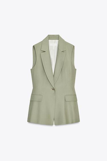 LONG LINEN BLEND WAISTCOAT - Light khaki by Zara