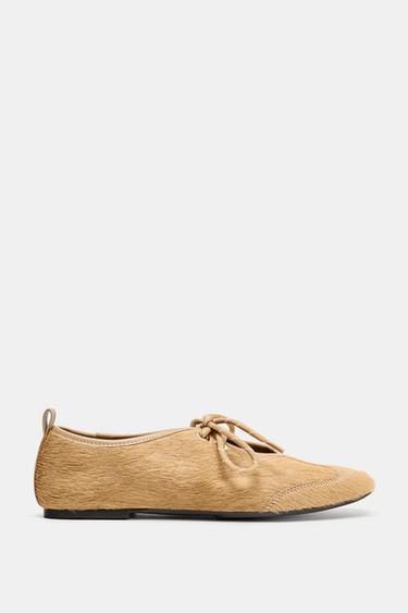 LEATHER BALLET FLATS WITH SHEEPSKIN - Sand Brown by Zara - Image 0