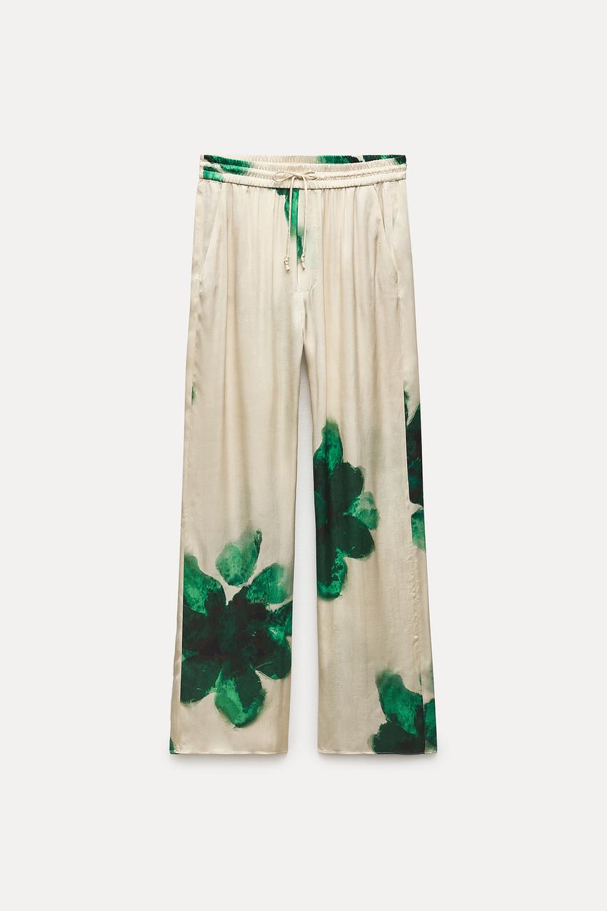 Zara Printed Flowing Trousers Green Floral Flared Leg Pants Size S NWT