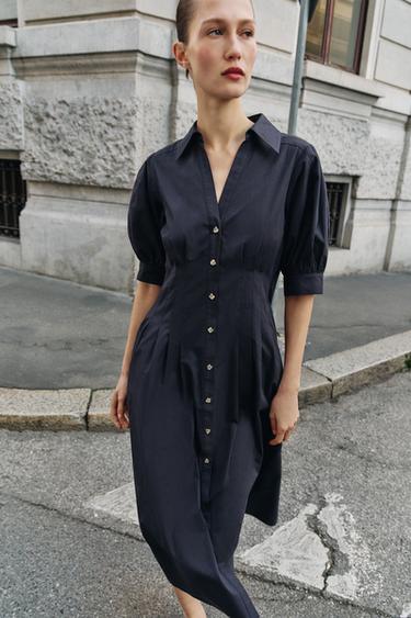 ROBE MI-LONGUE EN POPELINE À MANCHES BOUFFANTES - Bleu marine de Zara - Image 1