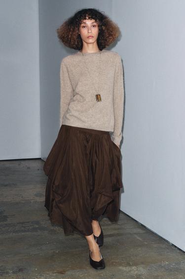 تنورة ميدي ذات حجم ZW COLLECTION - بني الخاص بـ Zara