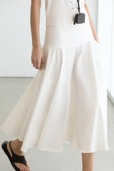 Jupe midi empiècement 100 % coton - Blanc de Zara