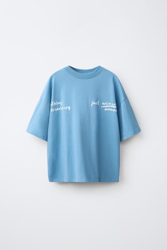 SUEDE SLOGAN PRINT T-SHIRT - Light blue by Zara - Image 0