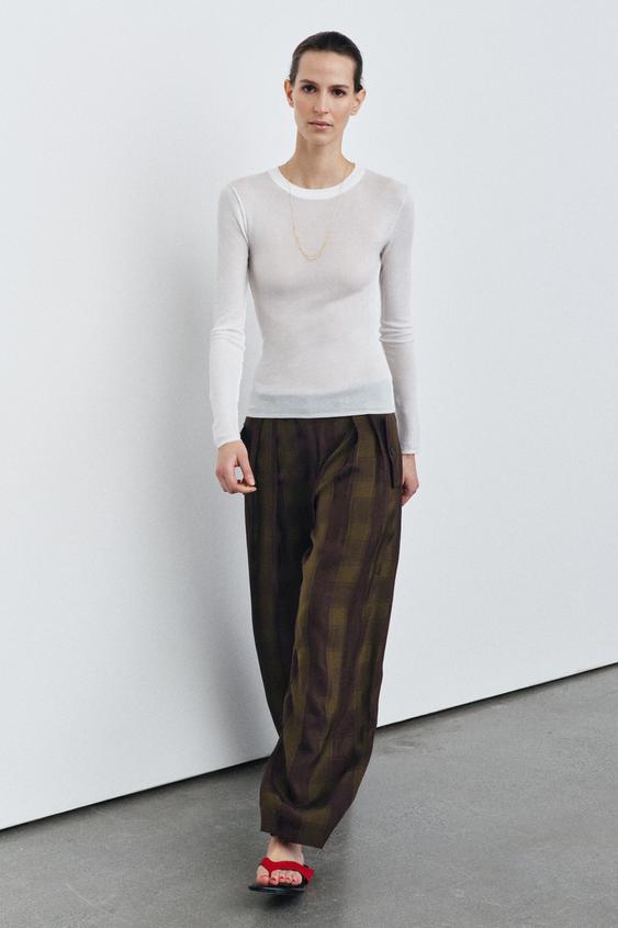 ZW COLLECTION FLOWING CHECK TROUSERS - Dark khaki by Zara - Image 0