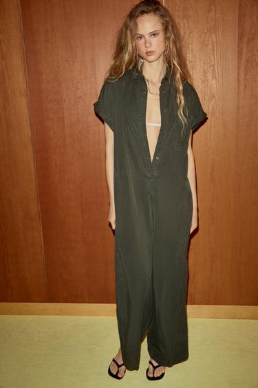 SHORT SLEEVE FLOWING JUMPSUIT - Dark khaki by Zara