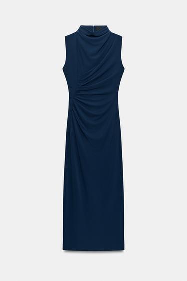 VESTIDO CUELLO SUBIDO DRAPEADO - Azul de Zara - Imagen 0