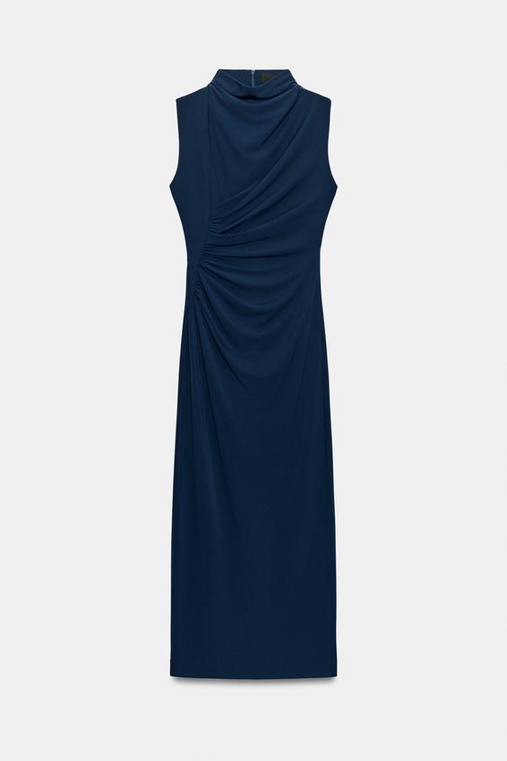 VESTIDO CUELLO SUBIDO DRAPEADO - Azul de Zara - Imagen 0