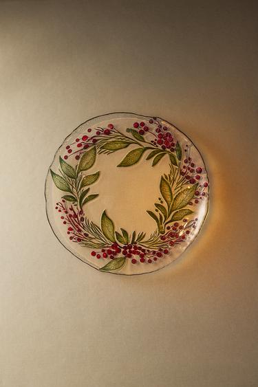 GLASS CHRISTMAS GARLAND DESSERT PLATE - Green by Zara
