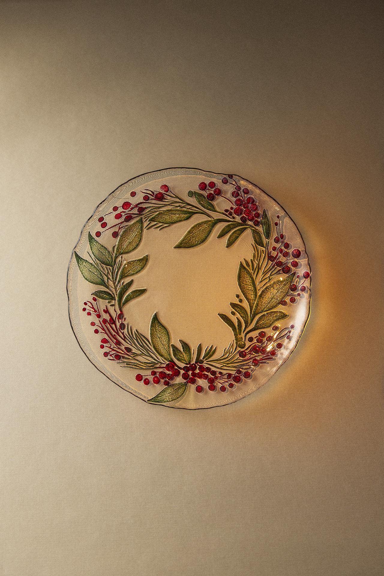CHRISTMAS GARLAND GLASS DESSERT PLATE — Green