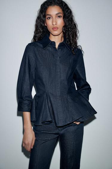 Zara ZW COLLECTION PEPLUM DENIM SHIRT - Blue