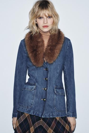 Zara DENIM BLAZER WITH FAUX FUR COLLAR ZW COLLECTION - Blue