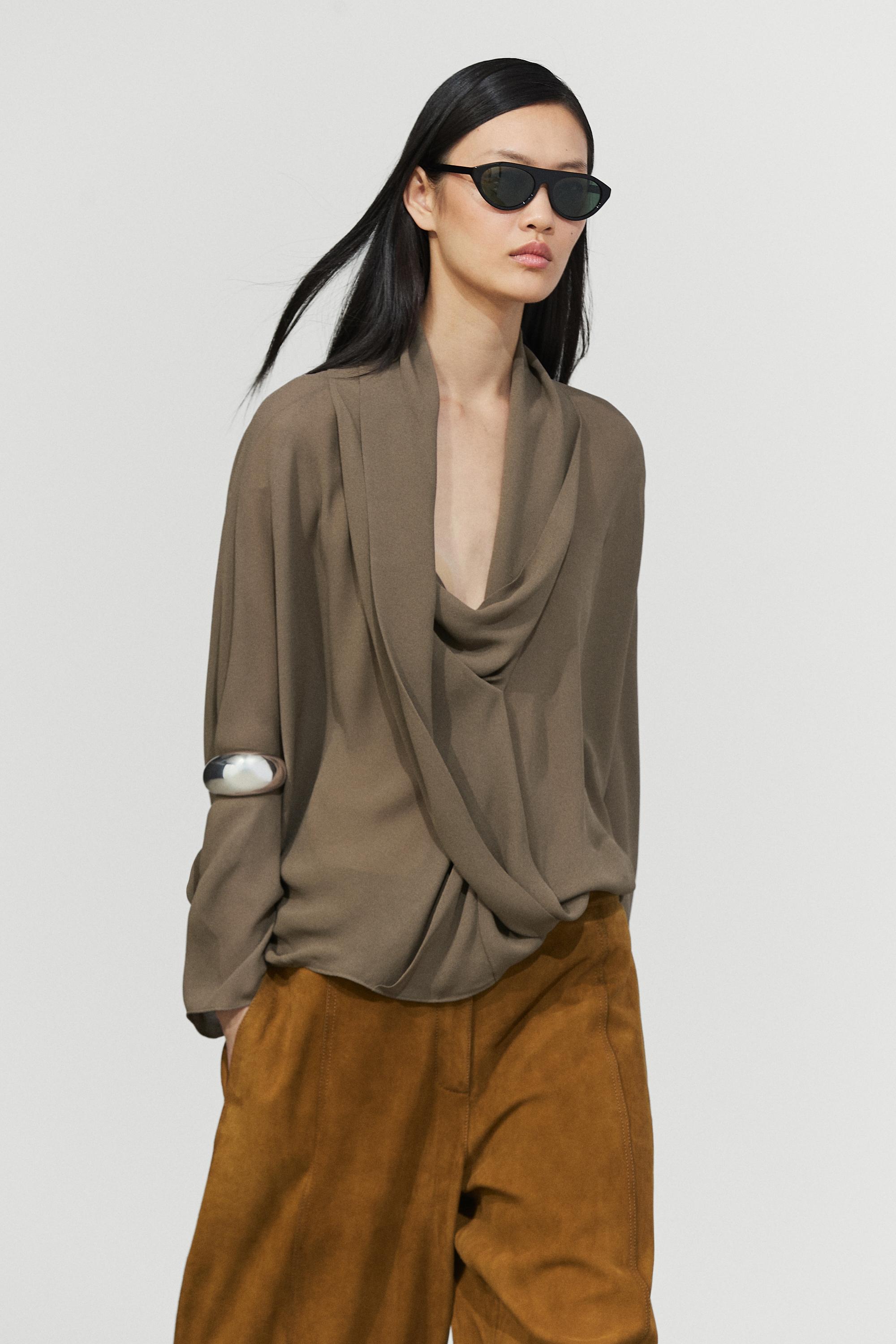 Flowy surplice draped neckline shirt