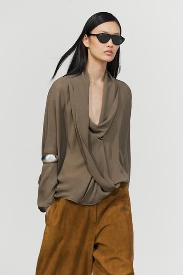 Chemisier fluide cache-cœur drapé - Kaki foncé de Zara